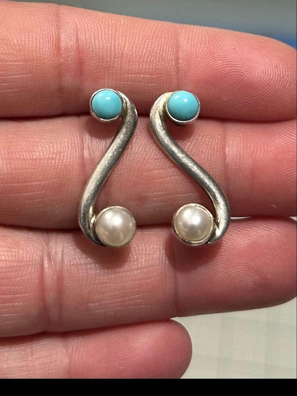 Vintage Turquoise and Pearl Sterling S-Curve Earrings